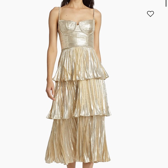 SELF-PORTRAIT Metallic Gold Tiered Midi Dress - Picture 1 of 15